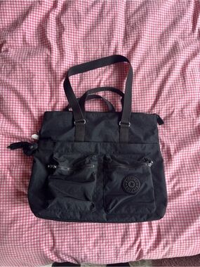Kipling Black Nylon Messenger Tote with Front Pockets